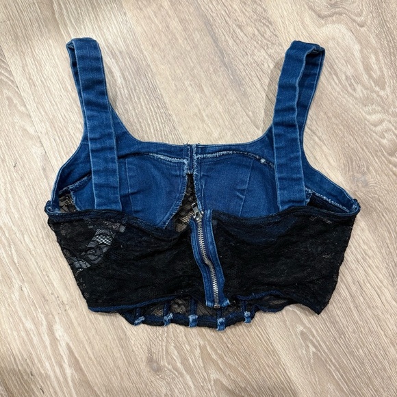 Denim and Black Lace Women's Top Corset Size Large Festival Boho Chic Edgy - Picture 2 of 6